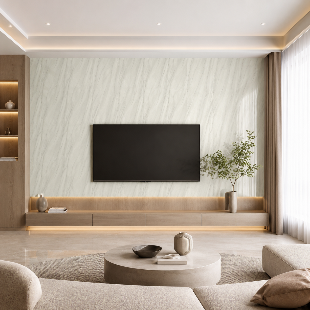 PVC Wandpaneel JP-8268 Helle Weiß-Grau Marmoroptik – TV-Wand Anwendung