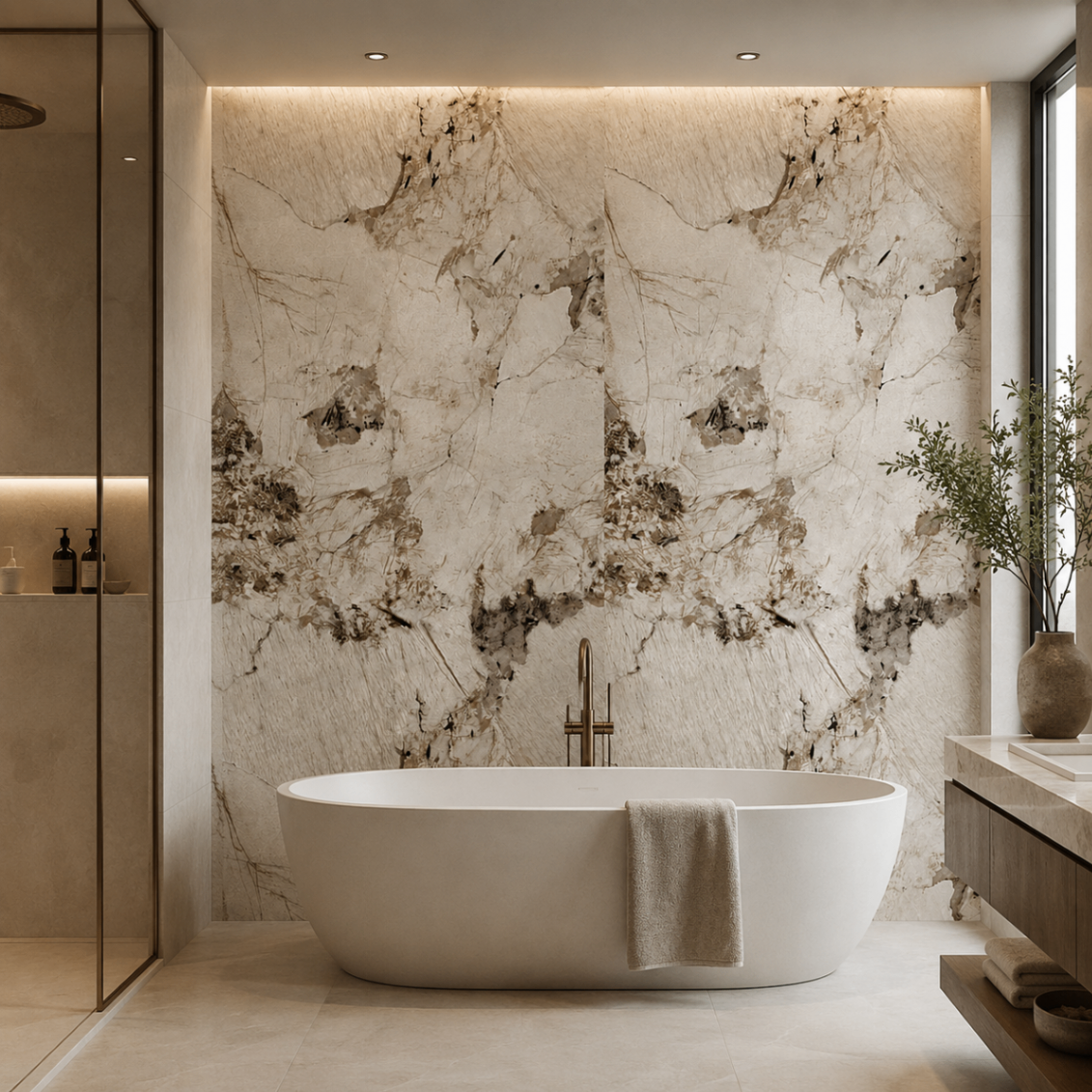 PVC Wandpaneel JP-9004 Creme-Beige Onyx-Marmoroptik – Badezimmer Anwendung