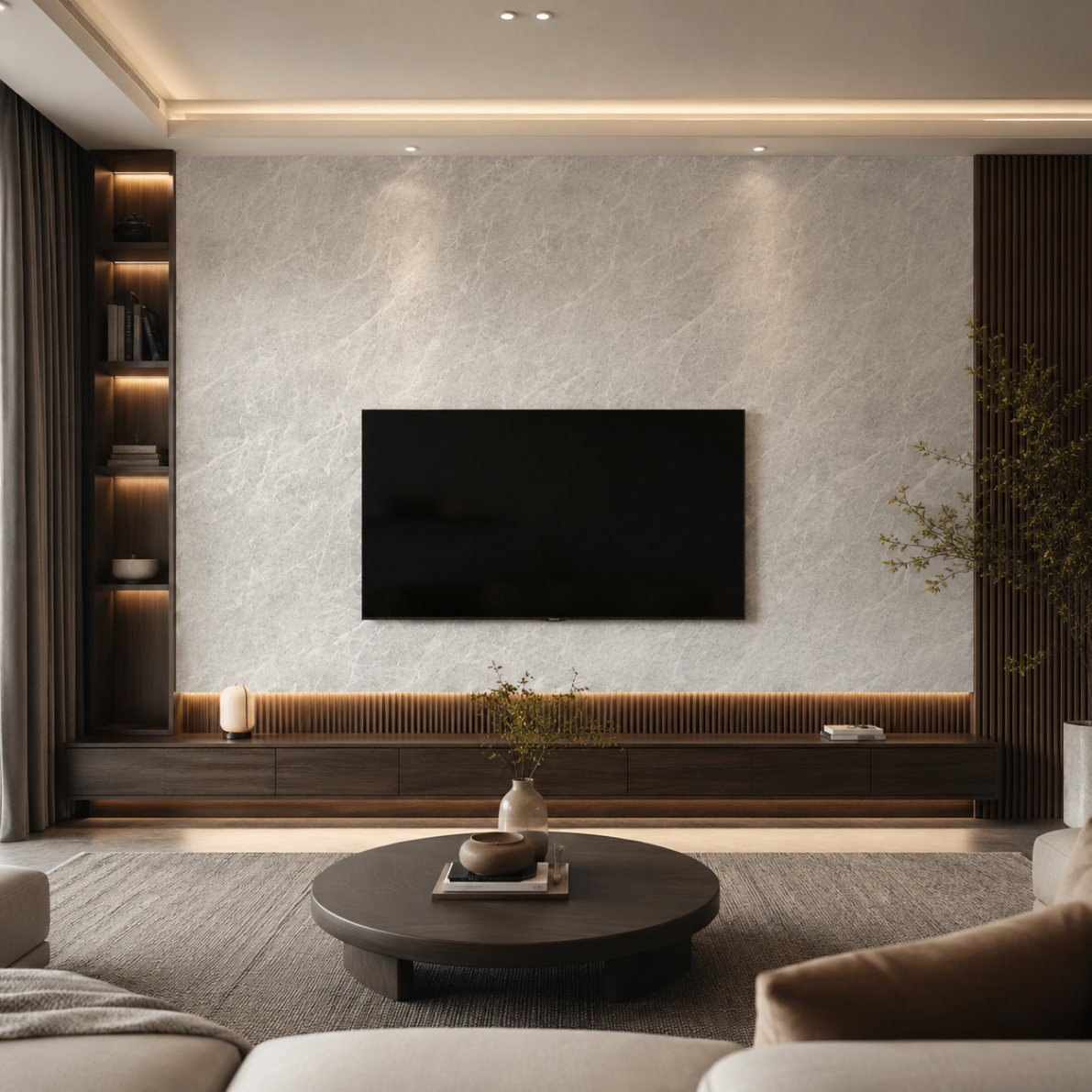 PVC Wandpaneel KL8226-2 Helle Morgan Grau Marmoroptik – TV-Wand Anwendung