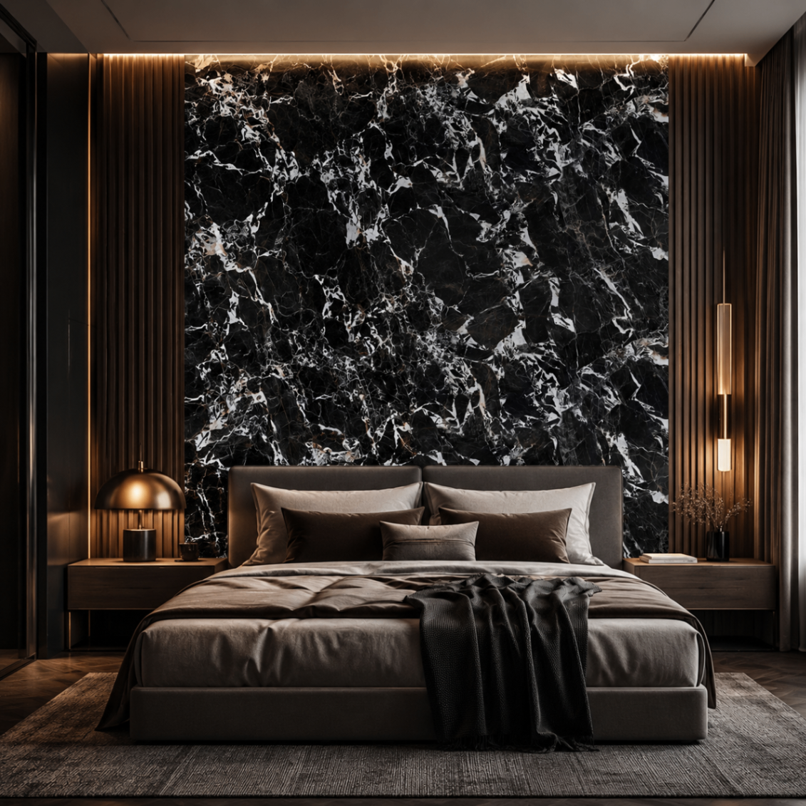 PVC Wandpaneel JP-7005 Schwarze Marmoroptik – Schlafzimmer Anwendung