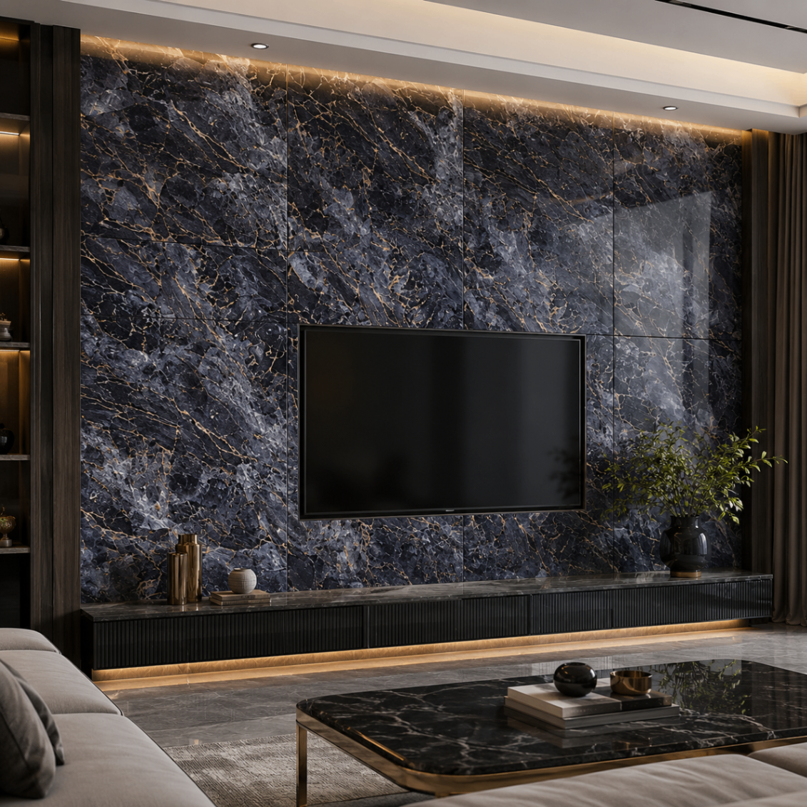 PVC Wandpaneel KL8286 Schwarz-Gold Marmoroptik – TV-Wand Anwendung