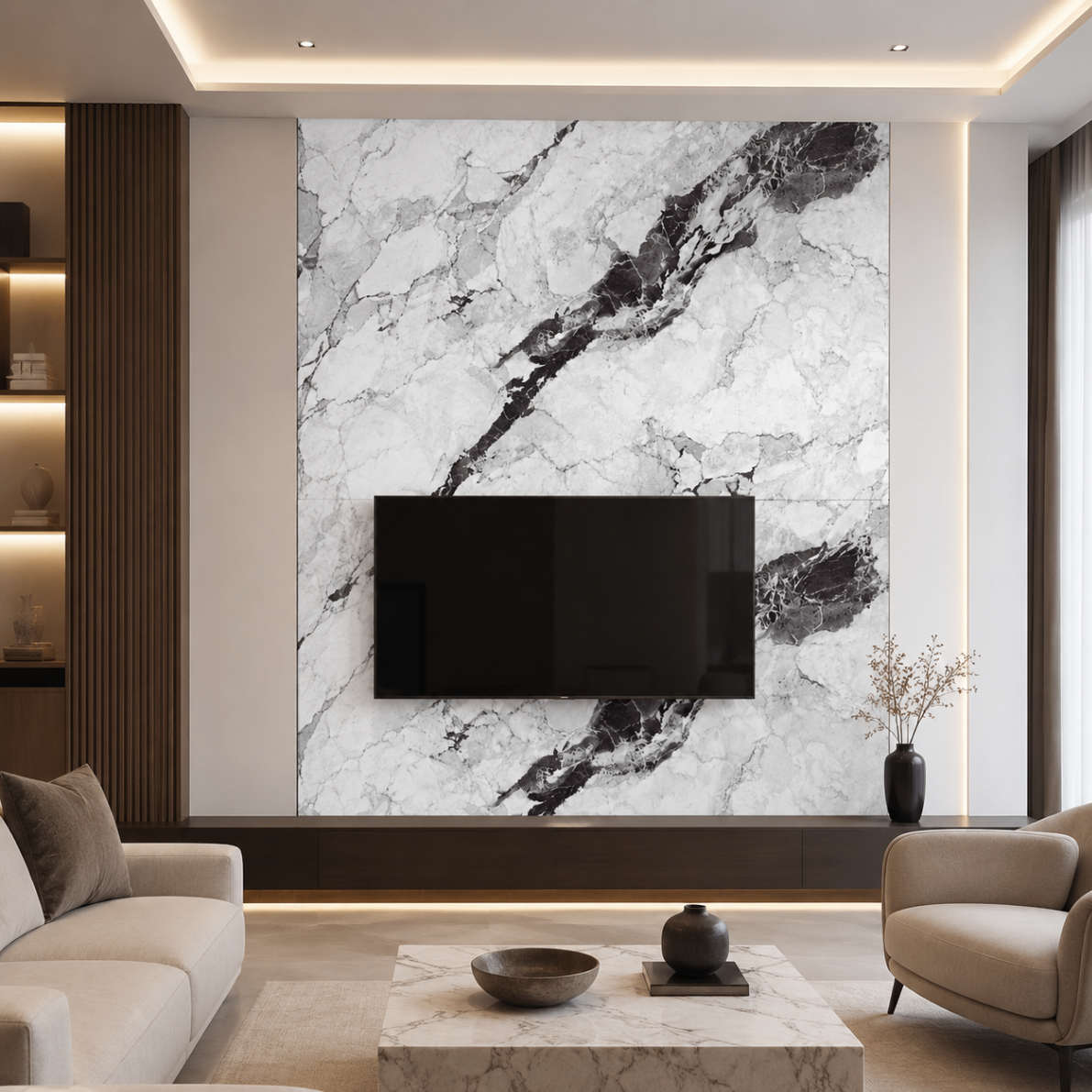 PVC Wandpaneel JP-8276 Weiß-Schwarze Marmoroptik – TV-Wand Anwendung