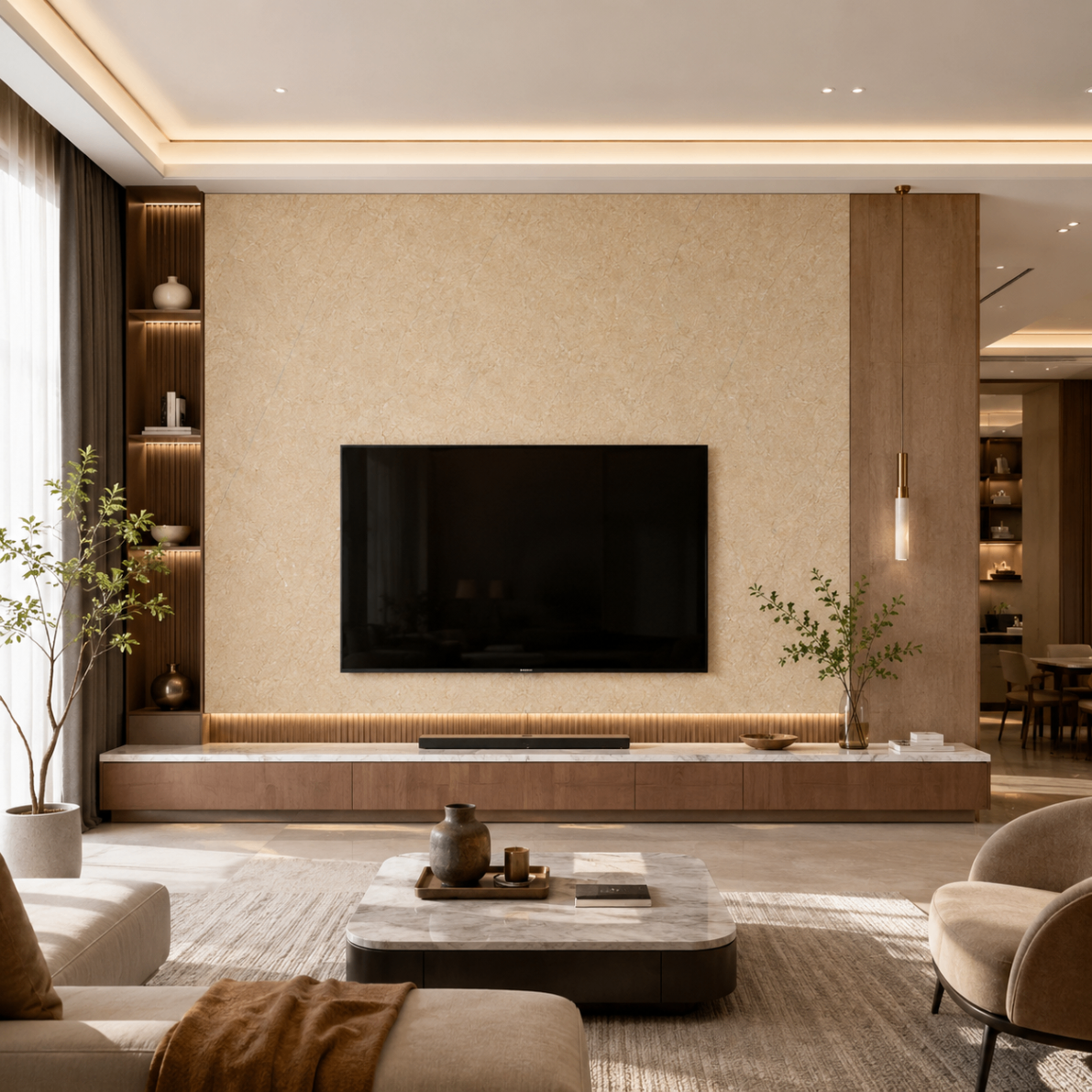 PVC Wandpaneel KL8122 Century Beige – TV-Wand Anwendung