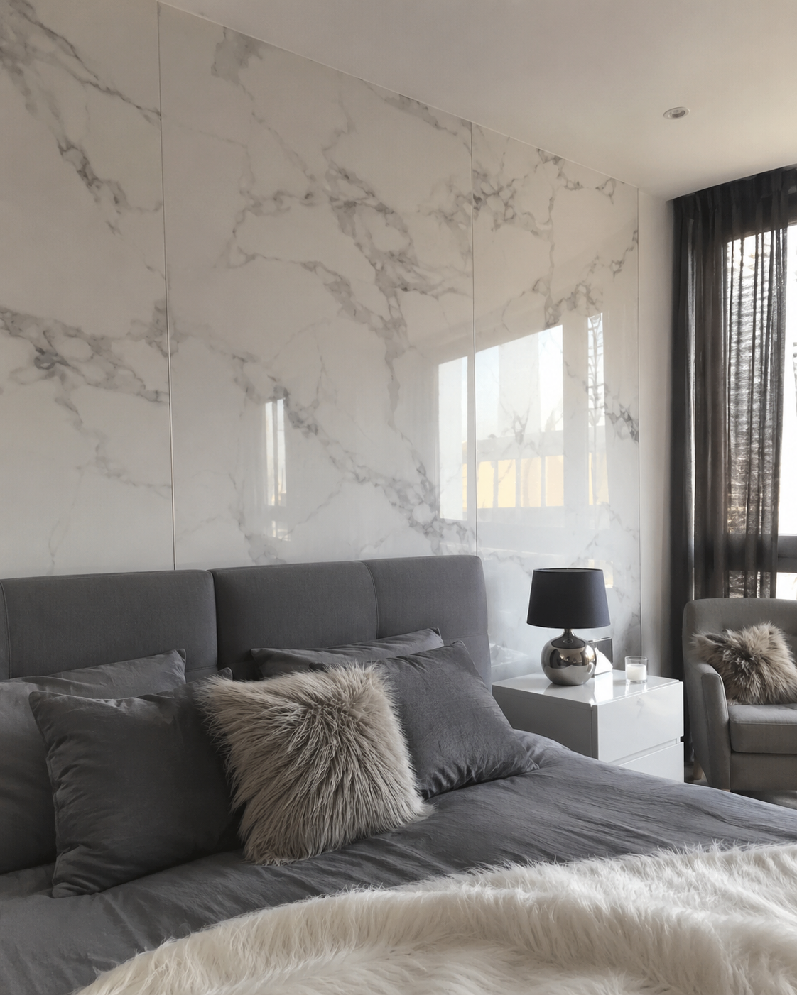 Helle Carrara-Marmoroptik im Schlafzimmer hinter dem Bett