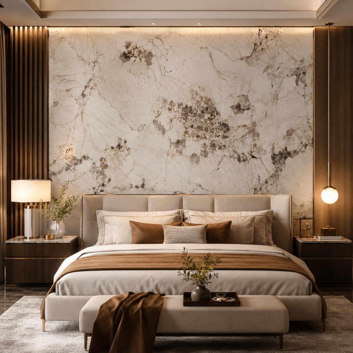 PVC Wandpaneel JP-9004 Creme-Beige Onyx-Marmoroptik – Schlafzimmer Anwendung