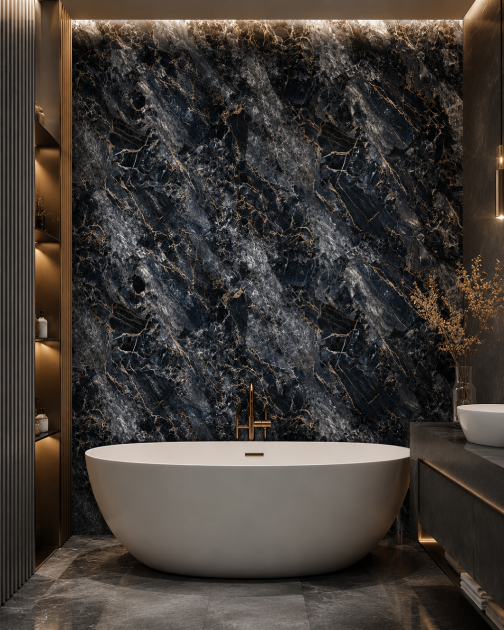 PVC Wandpaneel JP-8292 Dunkle Luxus-Marmoroptik – Badezimmer Anwendung