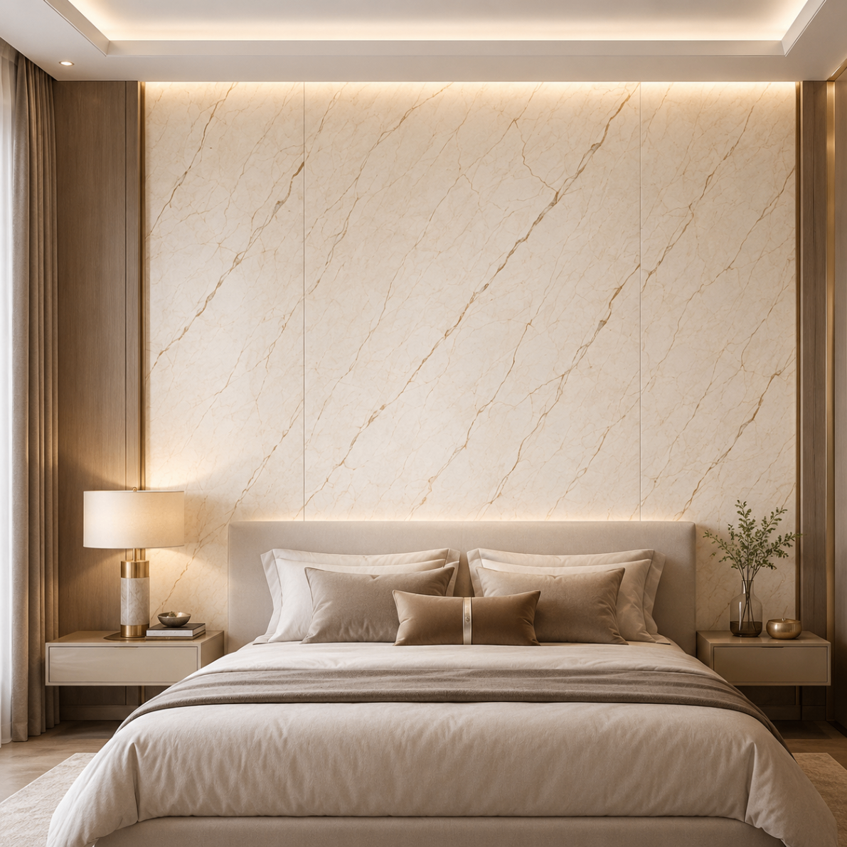 PVC Wandpaneel JP-8088 Creme-Beige Marmoroptik – Schlafzimmer Anwendung