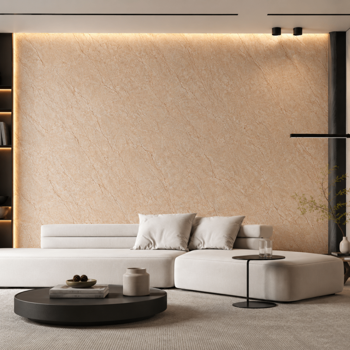 PVC Wandpaneel KL8004 Creme-Beige Sandsteinoptik – TV-Wand Anwendung