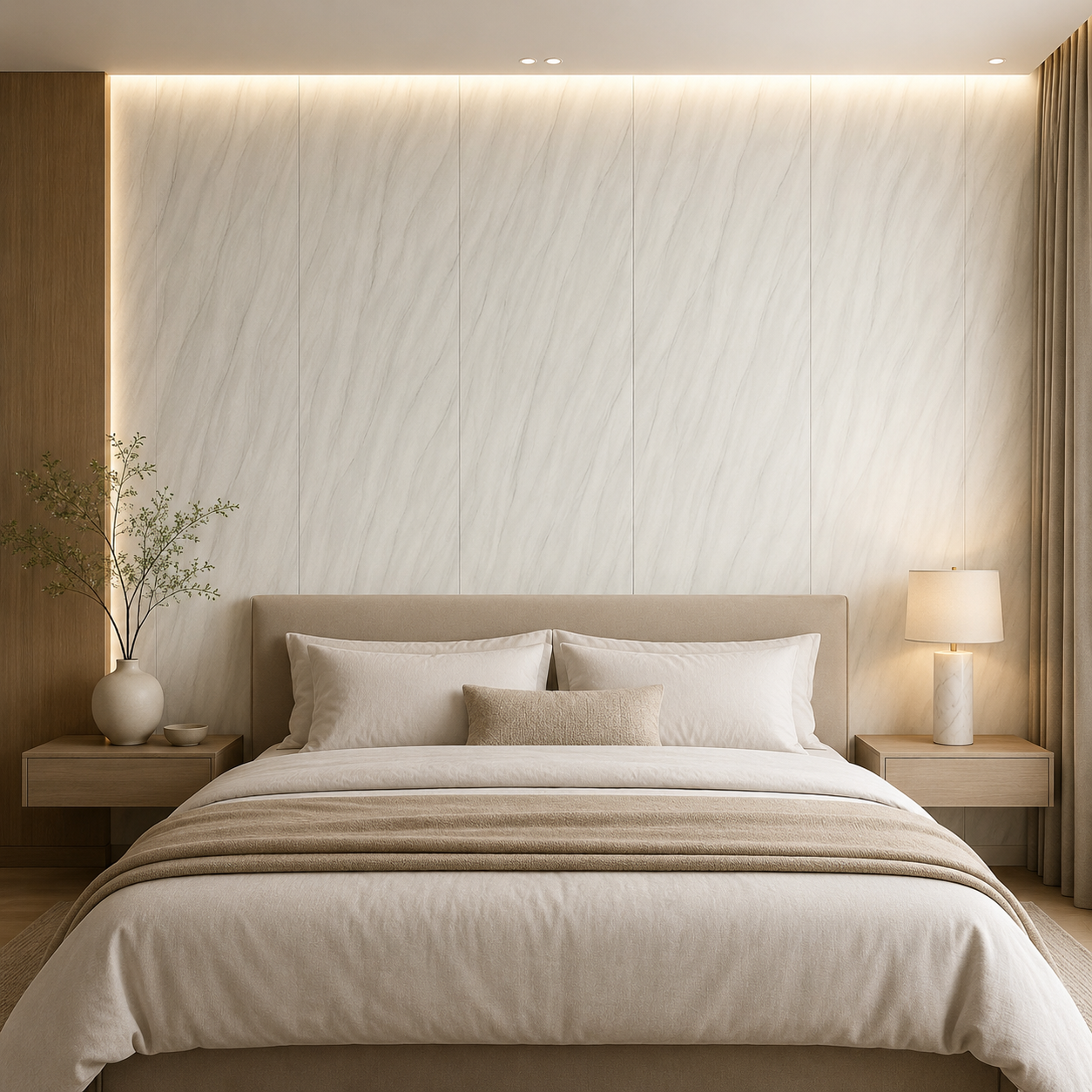 PVC Wandpaneel JP-8268 Helle Weiß-Grau Marmoroptik – Schlafzimmer Anwendung