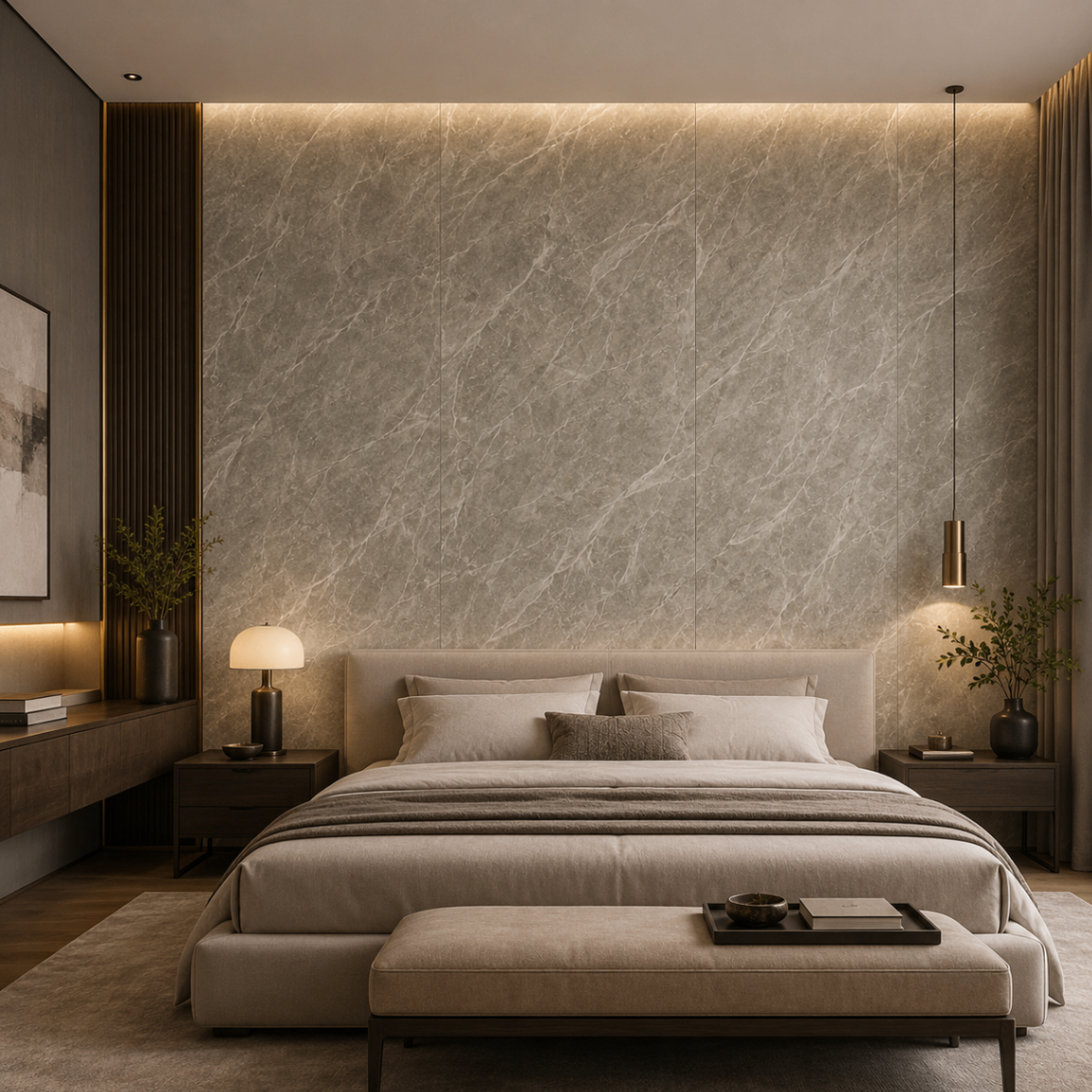 PVC Wandpaneel JP-8226 Helle Grau-Beige Marmoroptik – Schlafzimmer Anwendung