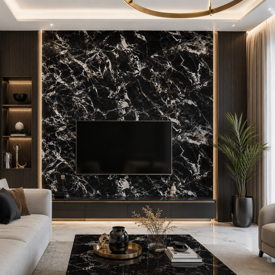 PVC Wandpaneel JP-7005 Schwarze Marmoroptik – TV-Wand Anwendung