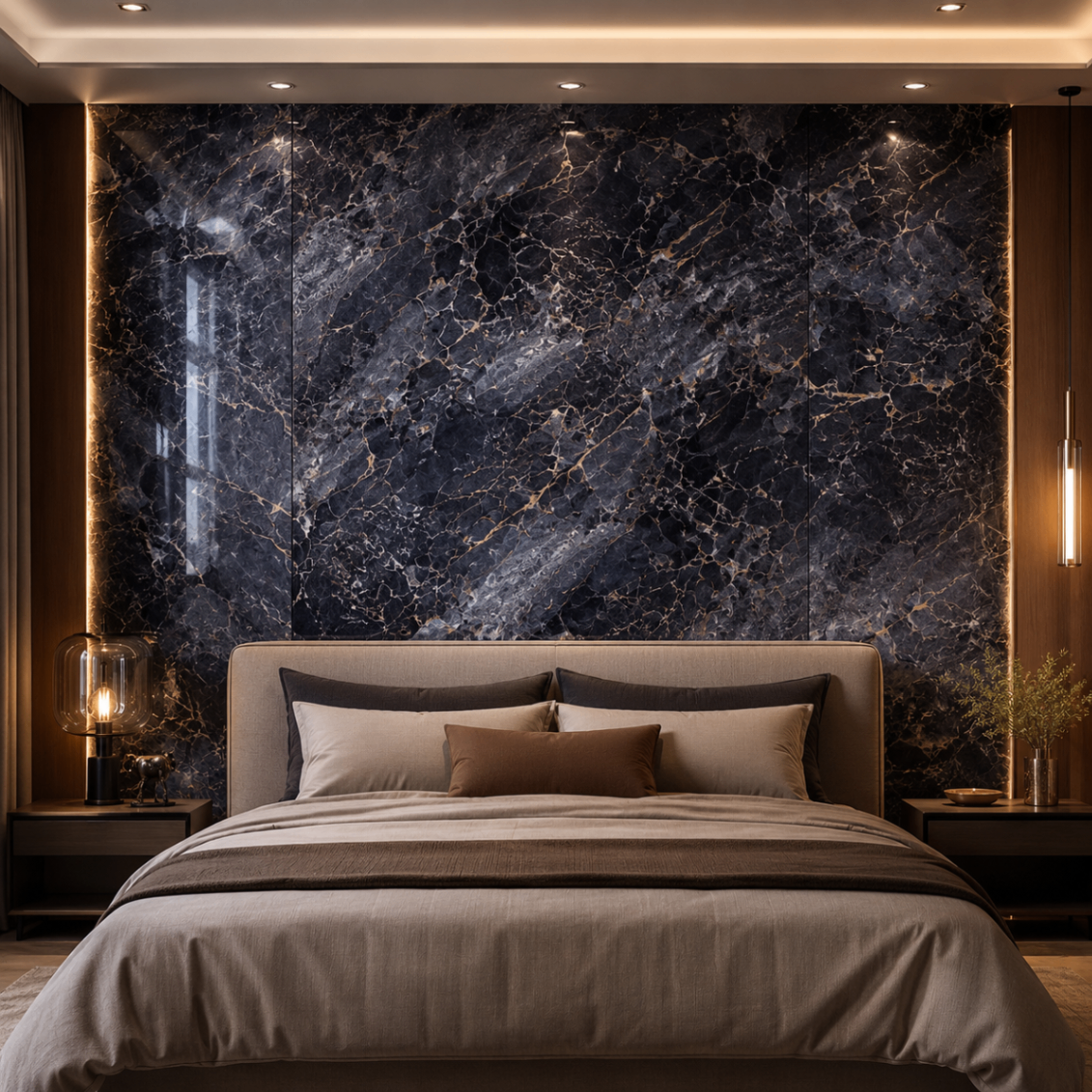 PVC Wandpaneel KL8286 Schwarz-Gold Marmoroptik – Schlafzimmer Anwendung