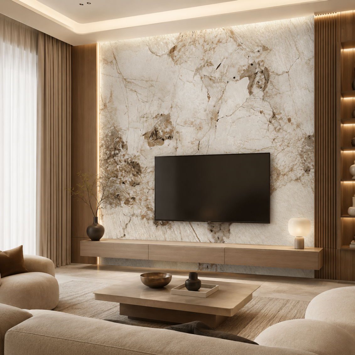 PVC Wandpaneel JP-9004 Creme-Beige Onyx-Marmoroptik – TV-Wand Anwendung