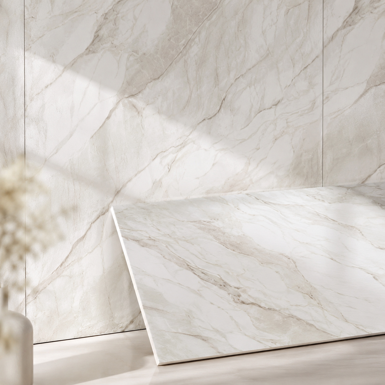 PVC Wandpaneel Marmor Carrara Weiß – Detailansicht mit Lichtspiel