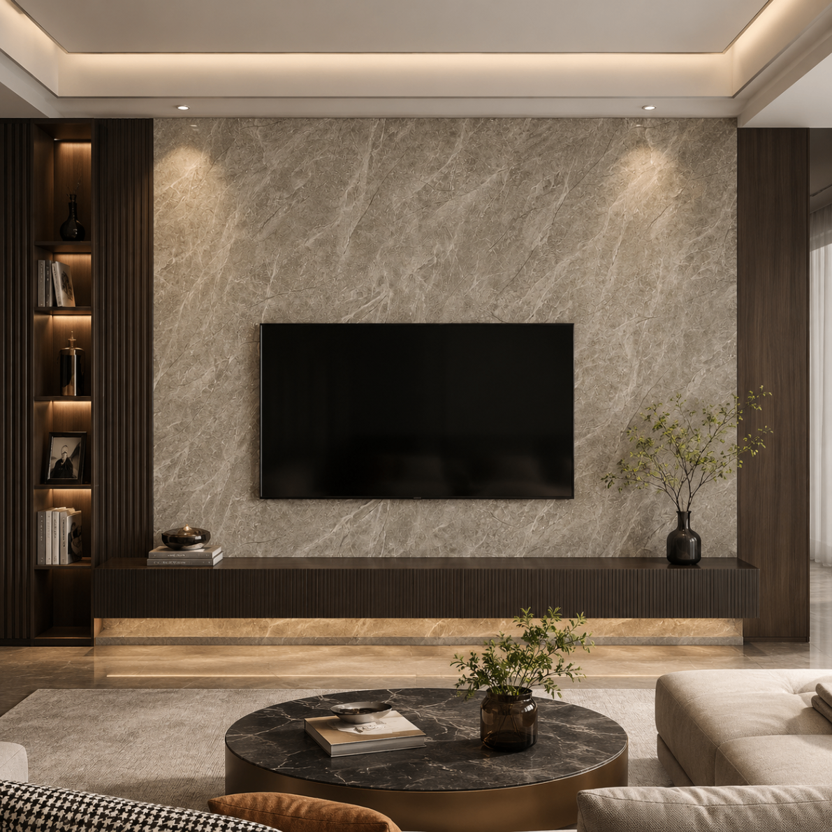 PVC Wandpaneel JP-8226 Helle Grau-Beige Marmoroptik – TV-Wand Anwendung