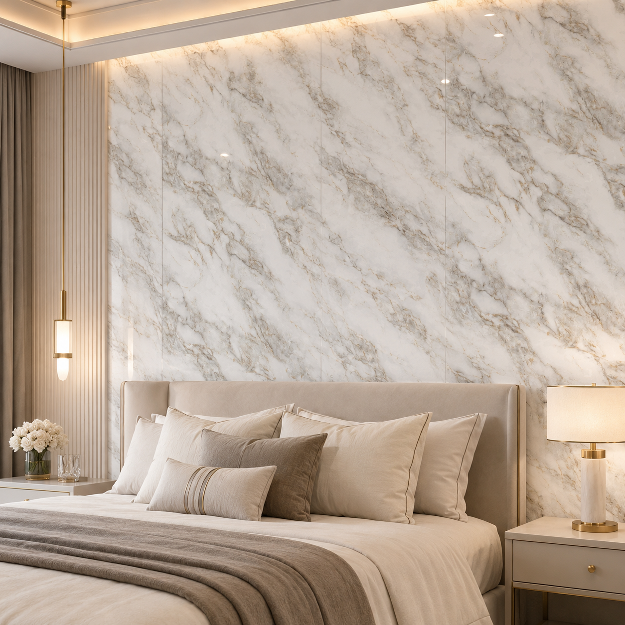 PVC Wandpaneel JP-8066 Weiß-Graue Marmoroptik – Schlafzimmer Anwendung