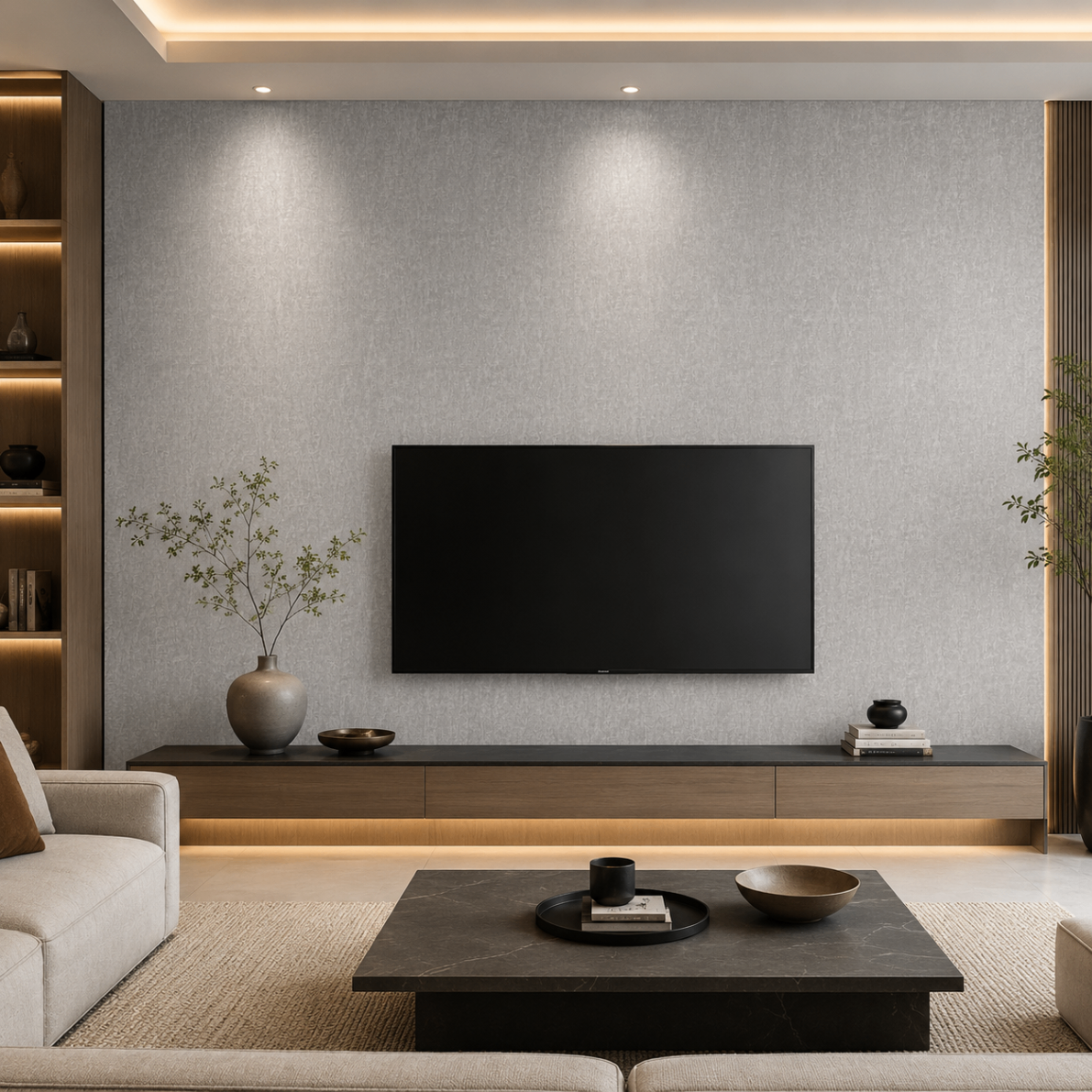 PVC Wandpaneel JP-8262-2 Helle Betonoptik – TV-Wand Anwendung