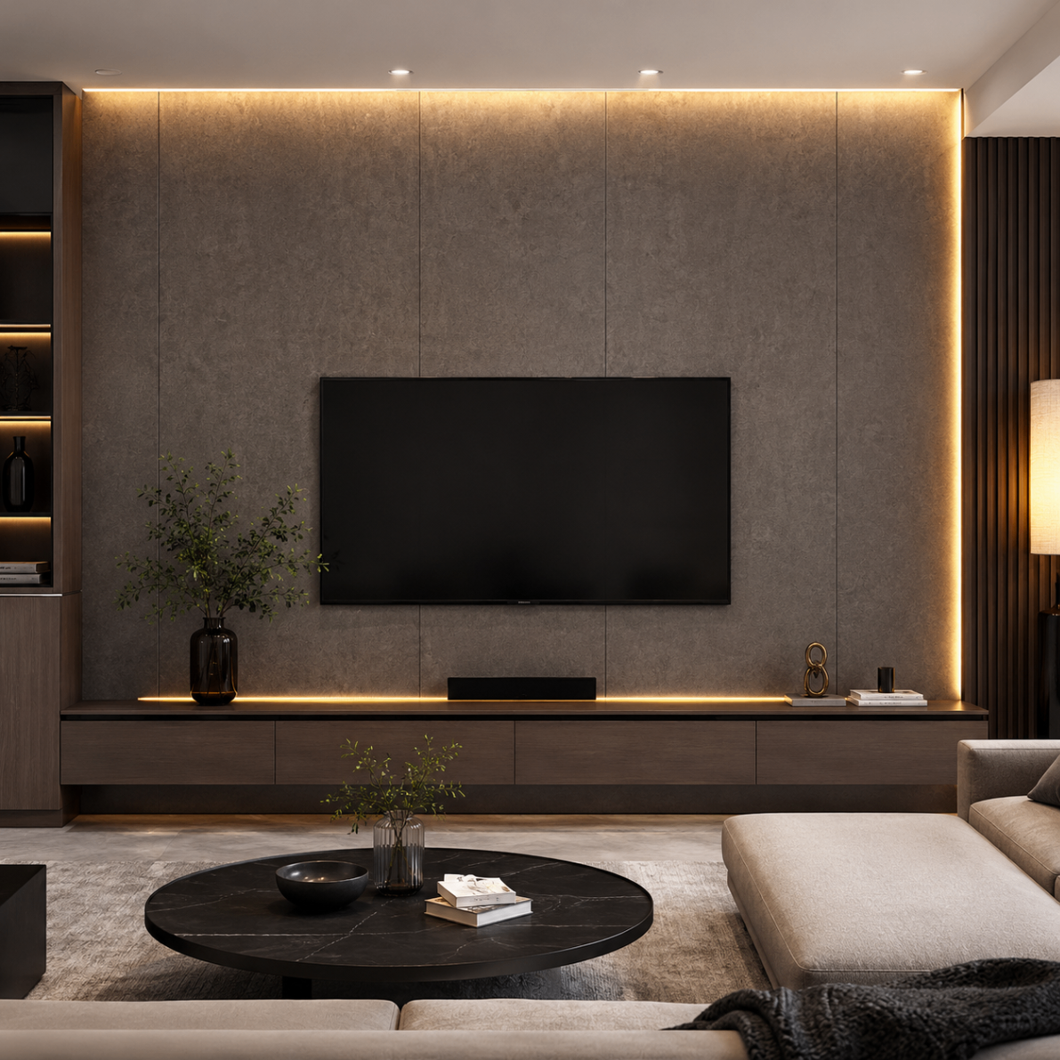 PVC Wandpaneel KL8262-3 Dunkelgraue Betonoptik – TV-Wand Anwendung