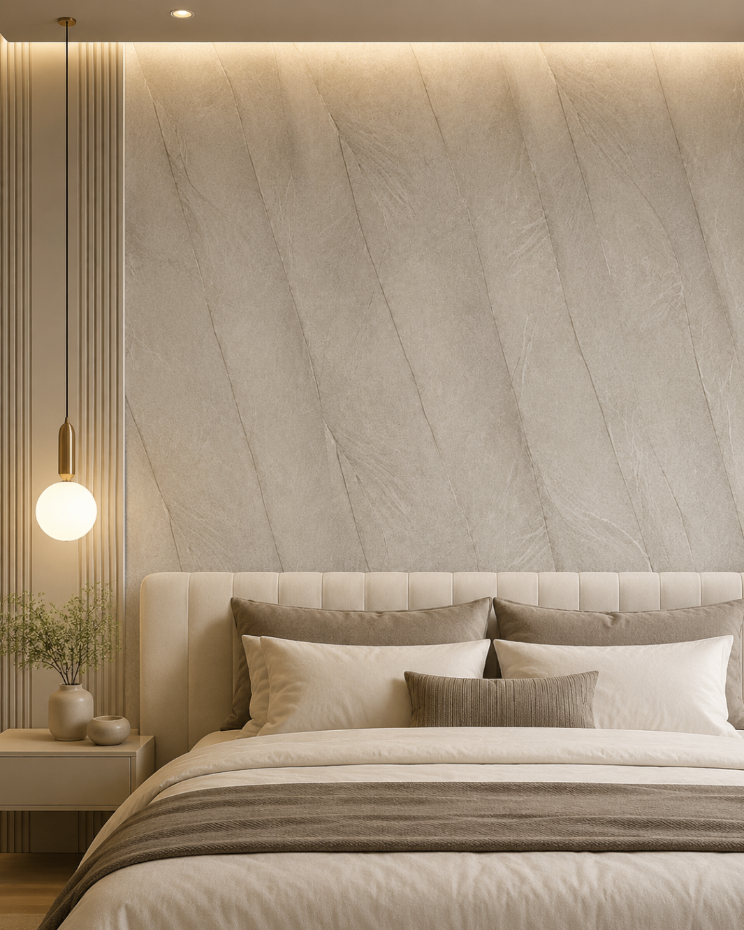 PVC Wandpaneel JP-8269-2 Greige Steinoptik – Schlafzimmer Anwendung