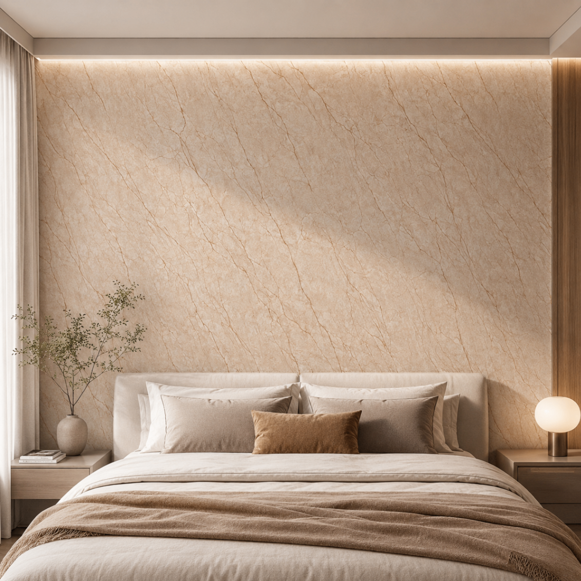 PVC Wandpaneel KL8004 Creme-Beige Sandsteinoptik – Schlafzimmer Anwendung