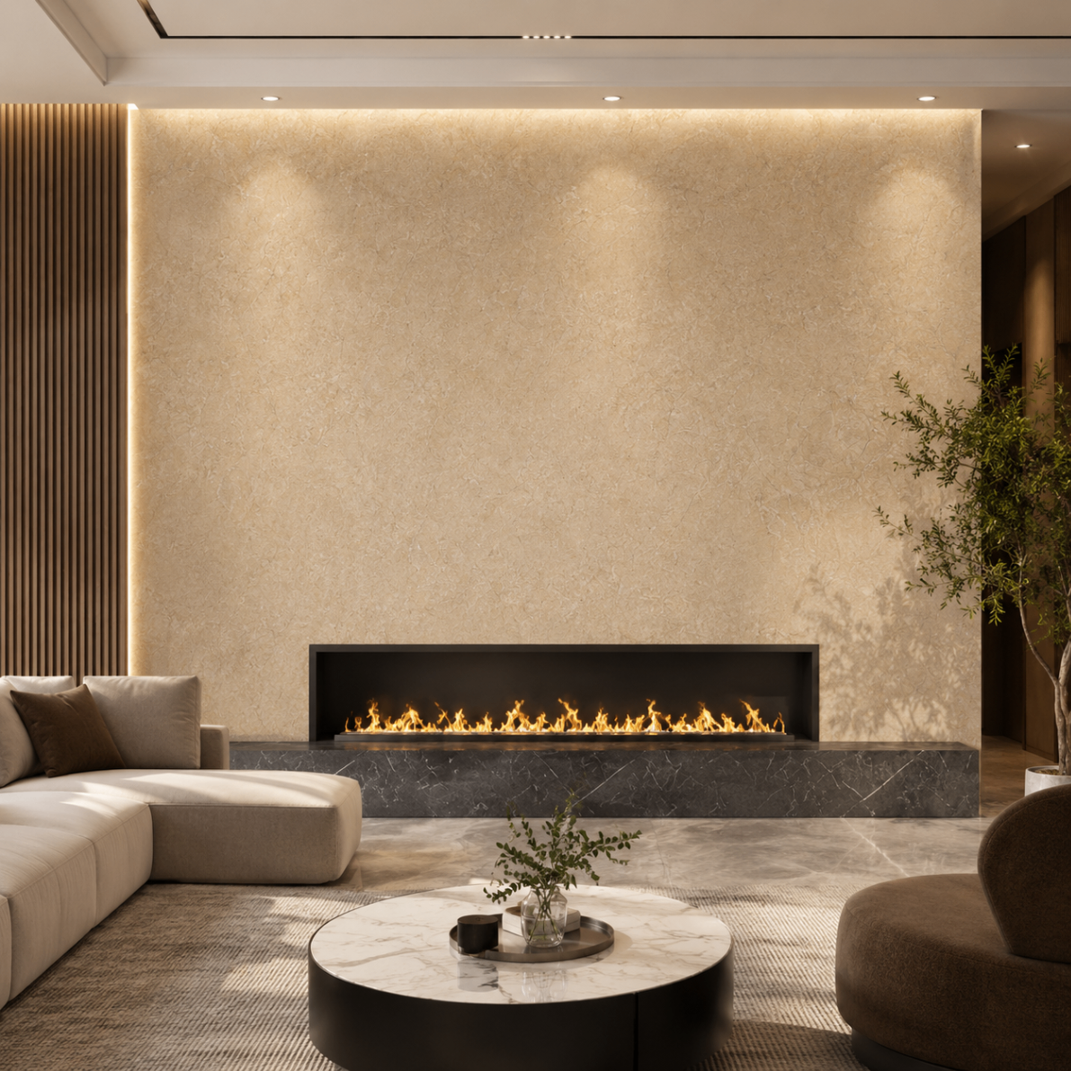 PVC Wandpaneel KL8122 Century Beige – Kaminwand Anwendung