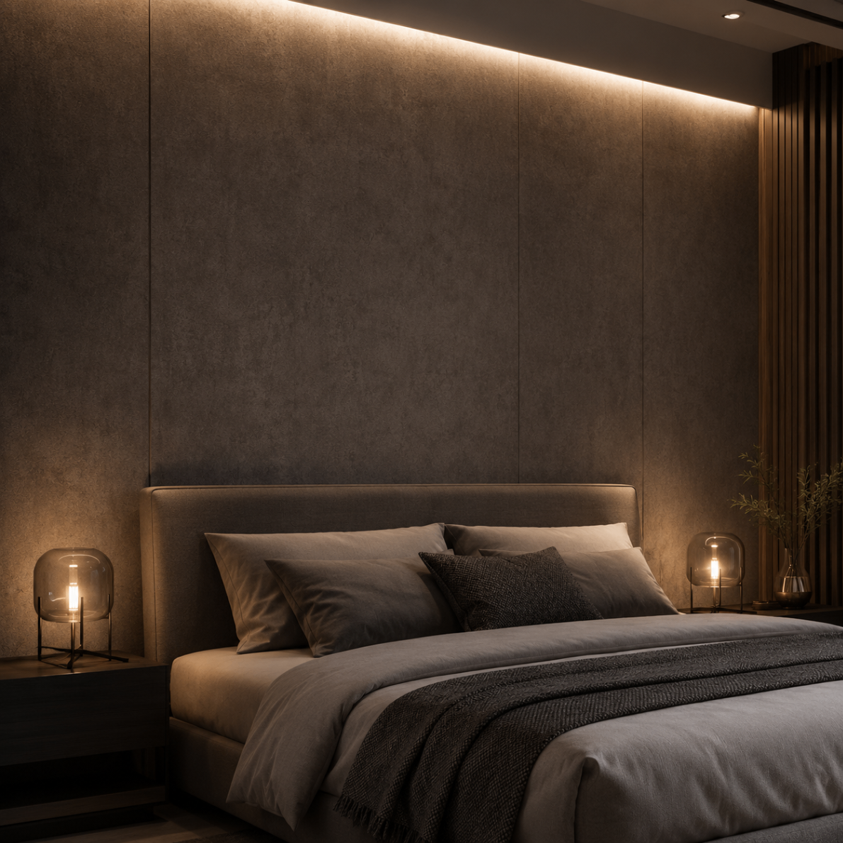 PVC Wandpaneel KL8262-3 Dunkelgraue Betonoptik – Schlafzimmer Anwendung