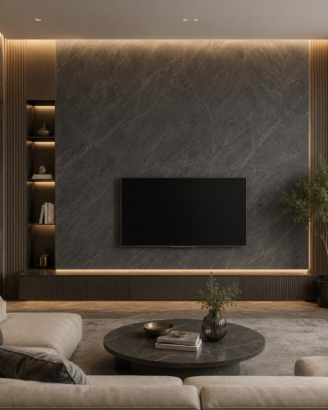 PVC Wandpaneel JP-8146 Dunkelgraue Steinoptik – TV-Wand Anwendung