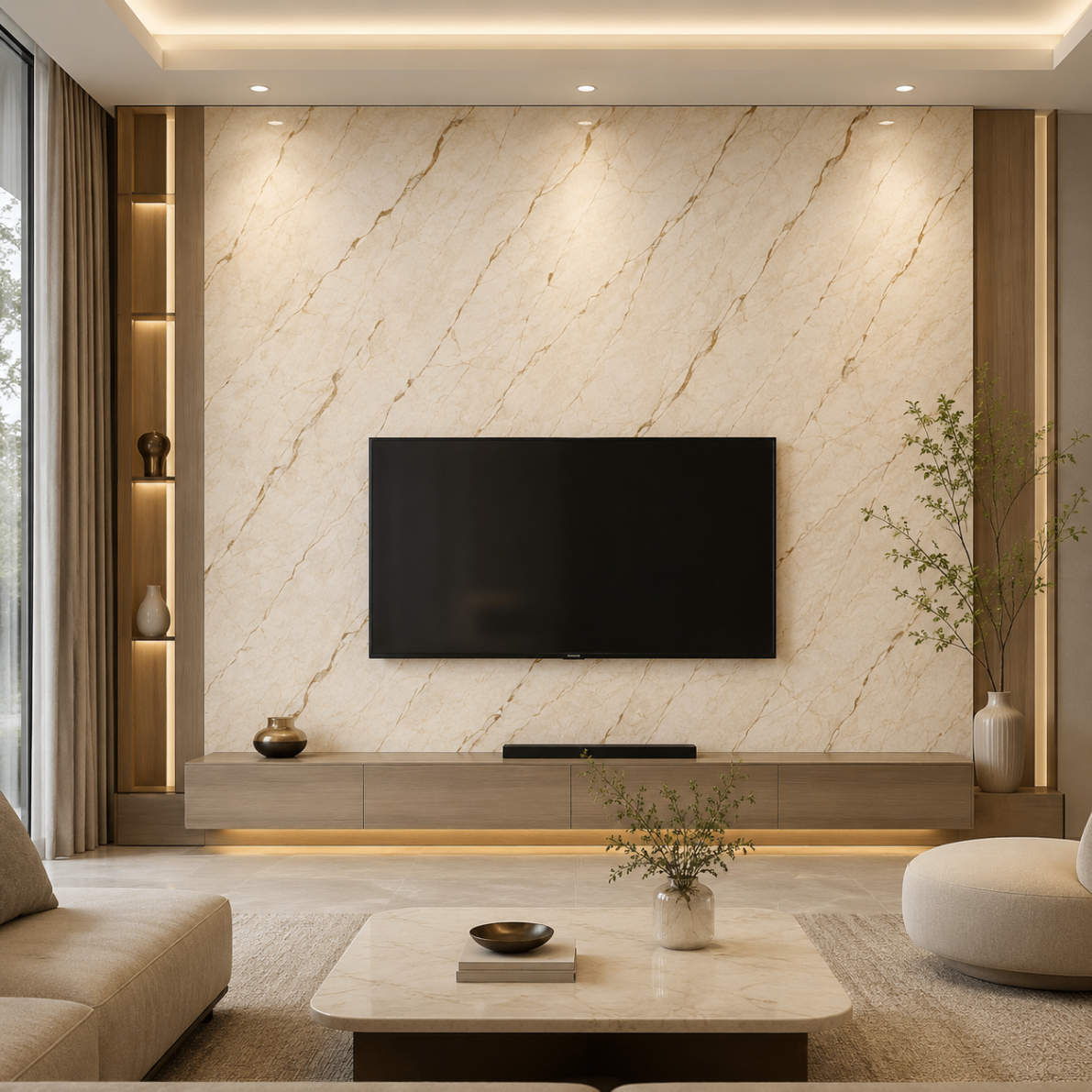 PVC Wandpaneel JP-8088 Creme-Beige Marmoroptik – TV-Wand Anwendung
