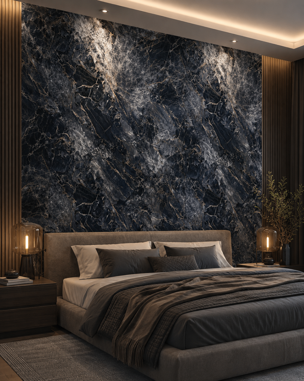 PVC Wandpaneel JP-8292 Dunkle Luxus-Marmoroptik – Schlafzimmer Anwendung