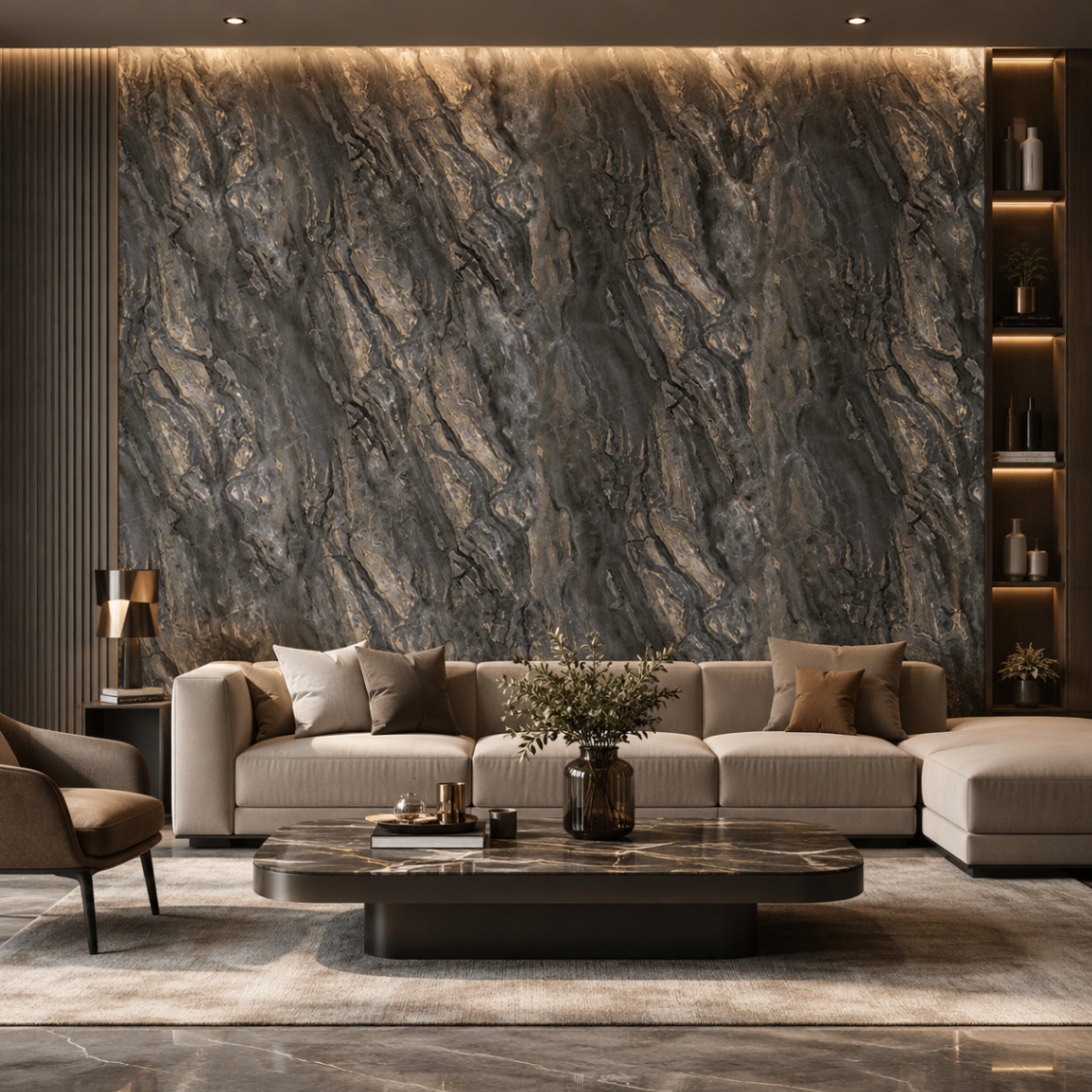 PVC Wandpaneel Graphit Gold Marmoroptik JP-8259 – Wohnzimmer Anwendung